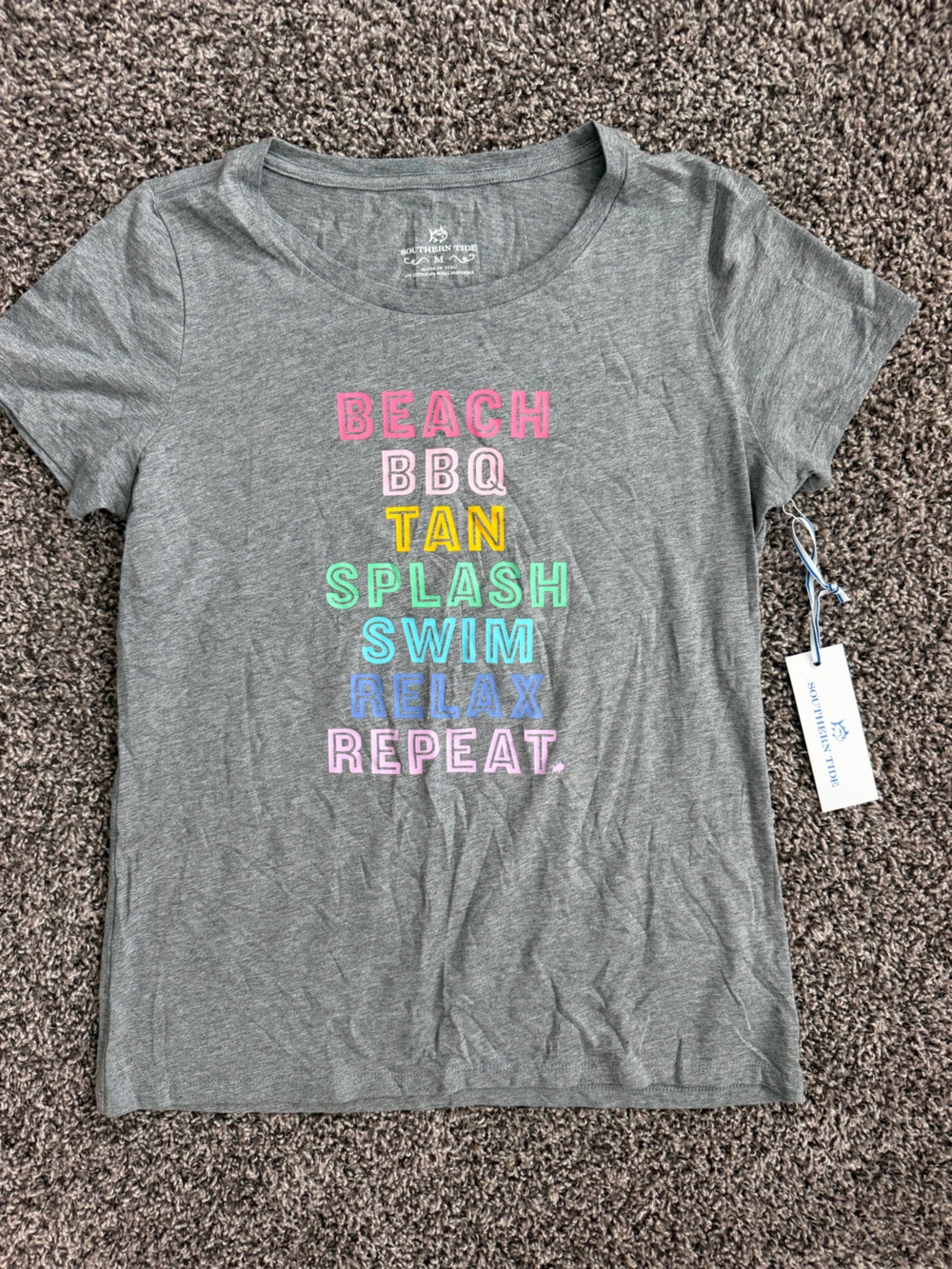 Southern Tide Women’s Gray Tee with Multicolor Beach Text